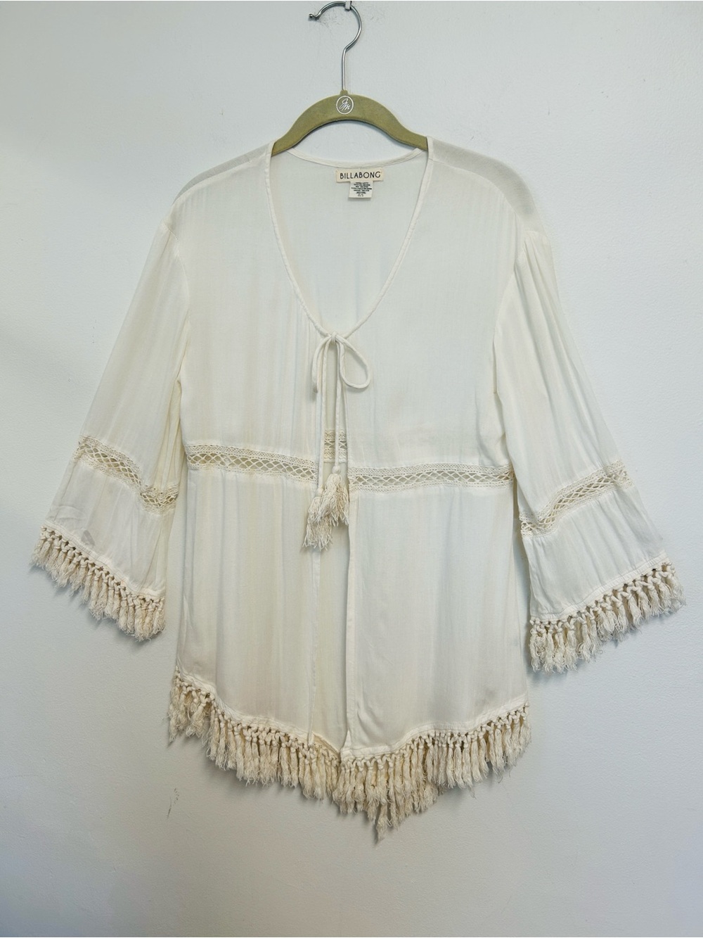 Billabong Boho Open Front Delicate Crochet Fringe White Cotton Tunic Womens M